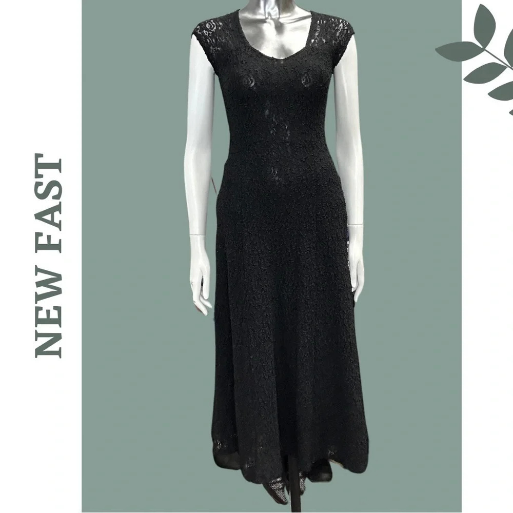 Stretch Lace Black Dress Lined Cap Sleeve size 10